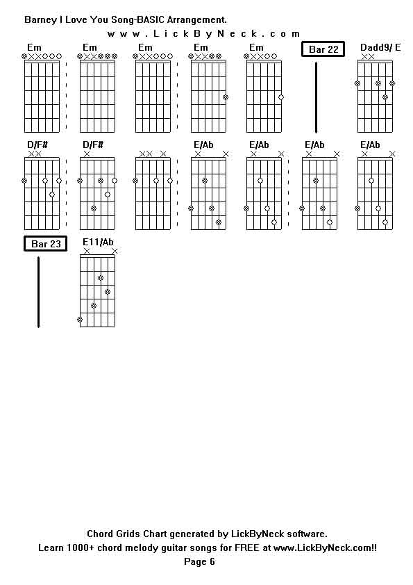 Chord Grids Chart of chord melody fingerstyle guitar song-Barney I Love You Song-BASIC Arrangement,generated by LickByNeck software.